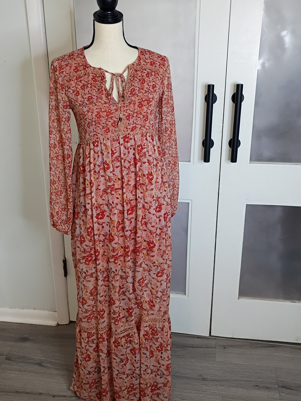 Boho Chic Floral Tie-Neck Maxi Long Sleeves Orange Dress, XS